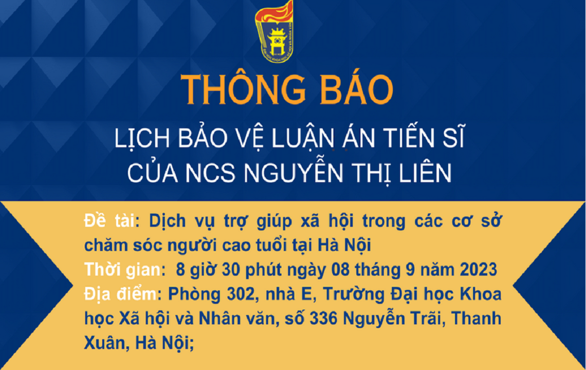 Thông báo lịch tổ chức bảo vệ luận án tiến sĩ cho NCS Nguyễn Thị Liên