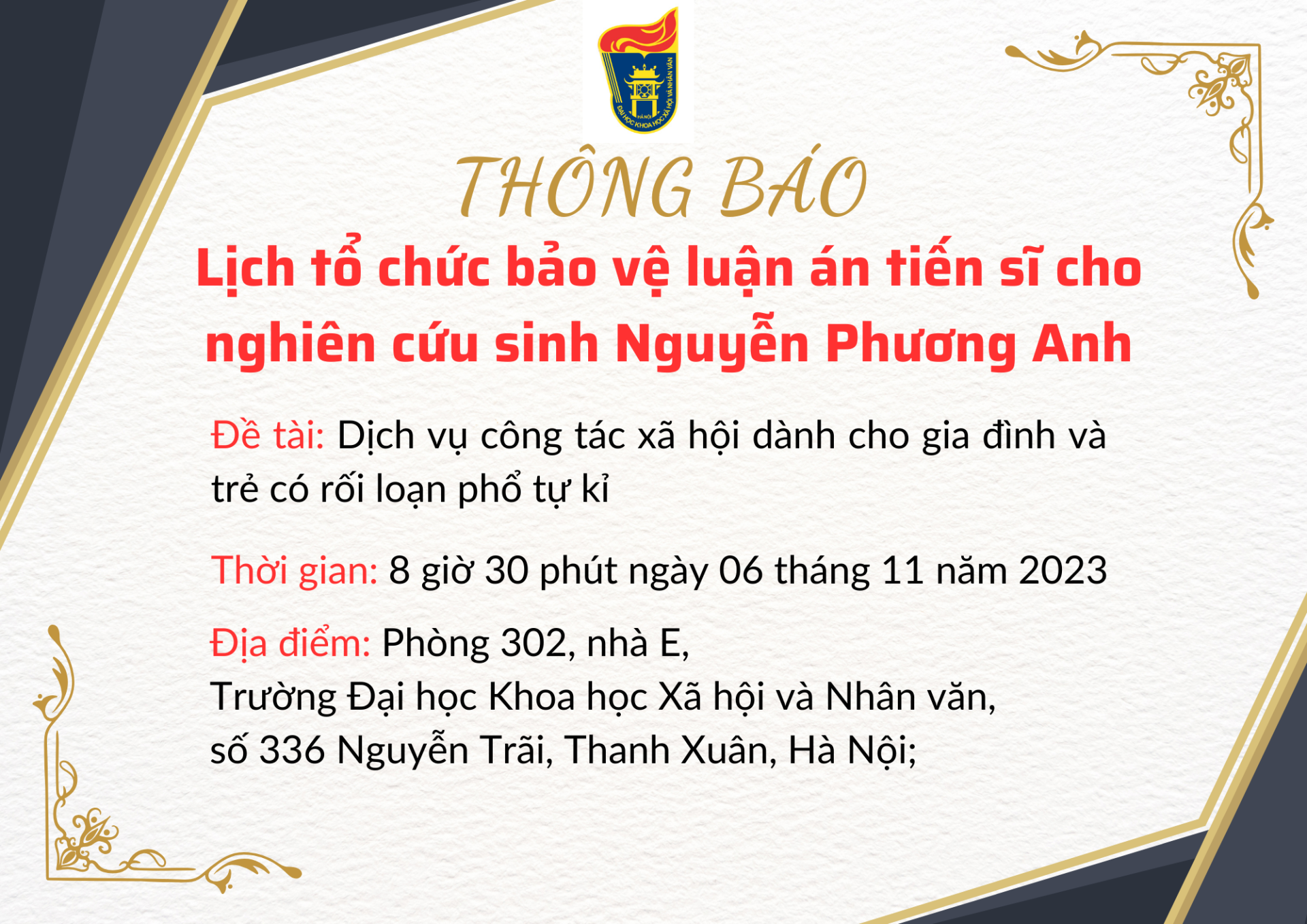 Thông báo lịch tổ chức bảo vệ luận án tiến sĩ cho nghiên cứu sinh Nguyễn Phương Anh