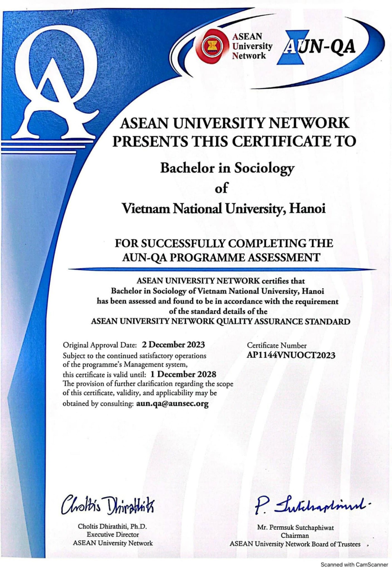 Khoa Xã hội học chính thức nhận được chứng chỉ công nhận tiêu chuẩn đảm bảo chất lượng đánh giá AUN chuyên ngành Xã hội học năm 2023